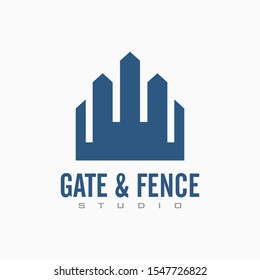 Vector house fence logo template in blue color, abstract business icon