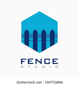 Vector house fence logo template in blue color, abstract business icon