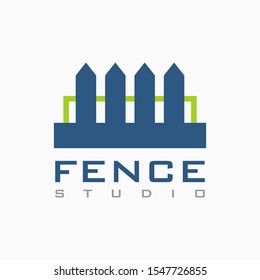 Vector house fence logo template in blue color, abstract business icon
