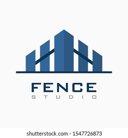 Vector house fence logo template in blue color, abstract business icon