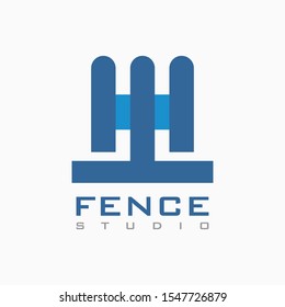 Vector house fence logo template in blue color, abstract business icon