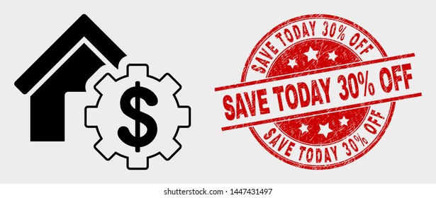Vector house financial settings icon and Save Today 30% Off seal stamp. Red round grunge seal stamp with Save Today 30% Off caption. Vector combination for house financial settings in flat style.