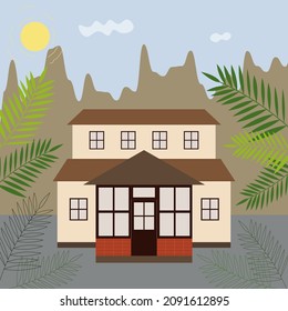 Vector house in a flat style on the background of nature, beige and brown house, two-storey house, flat illustration