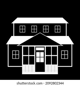 Vector house in a flat style, white and black house, two-storey house, flat illustration, white outlines on a black background