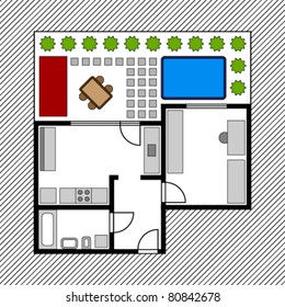 plan de piso de la casa vectorial con jardín