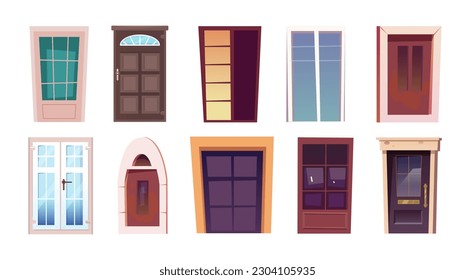 Vector house front door cartoon isolated illustration set. Home different entrance with window exterior icon element on white background. Contemporary external detailed closed wooden asset kit