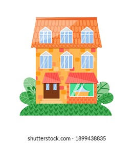 Casa vectorial, vista frontal, fachada amarilla con ventanas azules y techo naranja. Tienda o cafetería en el primer piso. Ilustración vectorial plana en estilo lindo.