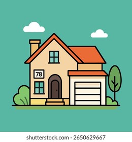 Vector House with Garage and Garden Elements

