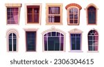 Vector house glass window frame isolated cartoon set on white background. Vintage building exterior illustration element collection. Beautiful architecture with retro and modern profile clipart