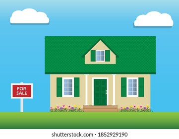 Vector of house with green gable roof for sale. An attic with a dormer window. For sale sign. Real estate.