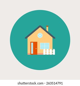 Vector house, home symbol. Flat design icon. Architecture estate illustration. Building with trees, door, windows. Blue, green, yellow, orange, pink, red colors.