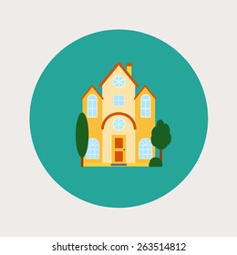 Vector house, home symbol. Flat design icon. Architecture estate illustration. Building with trees, door, windows. Blue, green, yellow, orange, red colors.