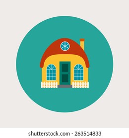Vector house, home symbol. Flat design icon. Architecture estate illustration. Building with trees, door, windows. Blue, green, yellow, orange, red colors.
