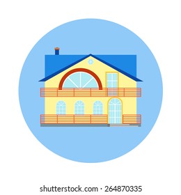 Vector house, home symbol. Flat design icon. Architecture estate illustration. Building with trees, door, windows. Blue, green, yellow, orange, pink, red colors.