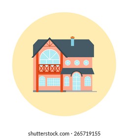 Vector house, home symbol. Flat design icon. Architecture estate illustration. Building with trees, door, windows. Blue, yellow, red colors.