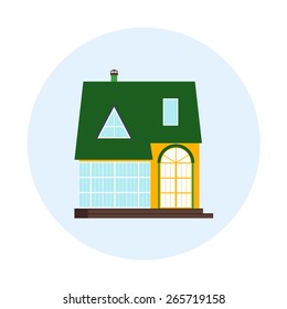 Vector house, home symbol. Flat design icon. Architecture estate illustration. Building with trees, door, windows. Blue, green, yellow, colors.