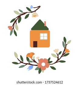 Vector house icon between floral ornament of flowers. Spring theme, stay at sweet home logo.