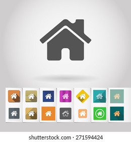 Vector house icon and big set of square flat web mobile buttons on paper background