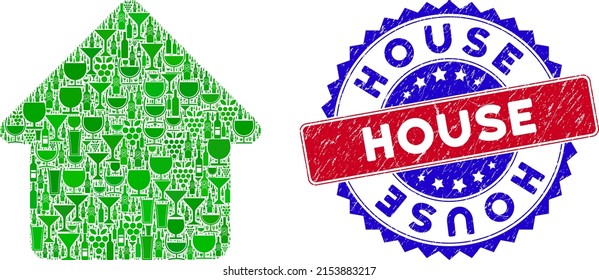 Vector house icon wine mosaic with grunge bicolor House seal stamp. Red and blue bicolored seal with scratched style and House slogan. House mosaic icon designed with wine glasses,