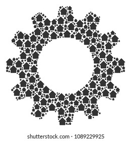 Vector house icons are arranged into gearwheel combination. Industrial design concept constructed with house components.