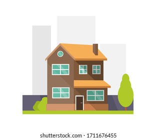 Vector house illustration in a flat style. Grey House in the big city. Home illustration. Real estate illustration.