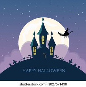 Vector  house illustration. Halloween background. Spooky cottage scene with big moon, witch, cemetery on dark purple background. Scary  party invitation or card design.