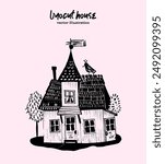 Vector House Illustration. A whimsical old wooden cottage, small tiny home with cozy and inviting atmosphere, in hand-drawn doodle style isolated on pastel color background. 