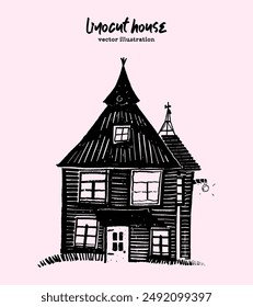 Vector House Illustration. A whimsical old wooden cottage, small tiny home with cozy and inviting atmosphere, in hand-drawn doodle style isolated on pastel color background. 