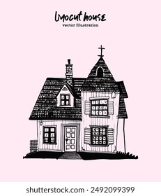 Vector House Illustration. A whimsical old wooden cottage, small tiny home with cozy and inviting atmosphere, in hand-drawn doodle style isolated on pastel color background. 