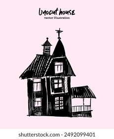 Vector House Illustration. A whimsical old wooden cottage, small tiny home with cozy and inviting atmosphere, in hand-drawn doodle style isolated on pastel color background. 