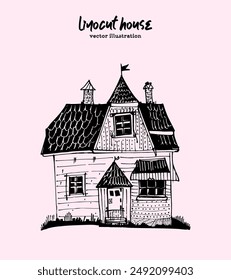 Vector House Illustration. A whimsical old wooden cottage, small tiny home with cozy and inviting atmosphere, in hand-drawn doodle style isolated on pastel color background. 