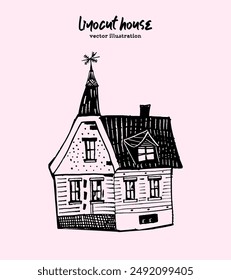 Vector House Illustration. A whimsical old wooden cottage, small tiny home with cozy and inviting atmosphere, in hand-drawn doodle style isolated on pastel color background. 