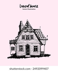 Vector House Illustration. A whimsical old wooden cottage, small tiny home with cozy and inviting atmosphere, in hand-drawn doodle style isolated on pastel color background. 