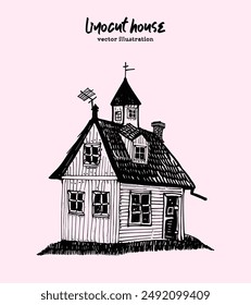 Vector House Illustration. A whimsical old wooden cottage, small tiny home with cozy and inviting atmosphere, in hand-drawn doodle style isolated on pastel color background. 