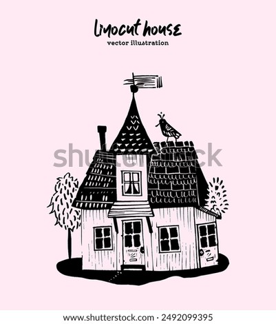 Vector House Illustration. A whimsical old wooden cottage, small tiny home with cozy and inviting atmosphere, in hand-drawn doodle style isolated on pastel color background. 
