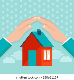 Vector house insurance concept in flat style - hands protecting small house