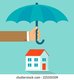 Vector house insurance concept in flat style - infographic design elements and icons - agent's hand holding umbrella over house