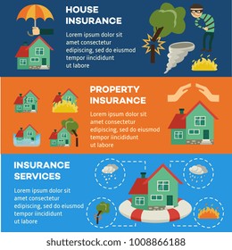 Vector house insurance infographic posters set. House, property insurance, insurance services. Natural disasters, thief, housebreaking compensation for damage. Illustration on blue background.