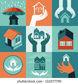 Vector house insurance - set of flat icons and banners