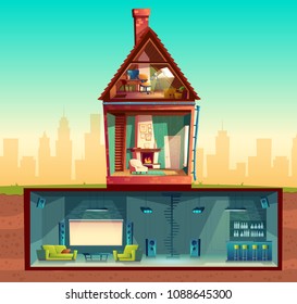 Vector house interior in cross section, cartoon living room. Attic with observatory. Basement with home cinema, bar counter, disco club. Front view of residential building. Architecture background