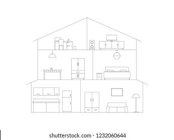 vector house interior with furniture cross sectional view line drawing vector
