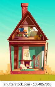 Vector house interior in section, cartoon observatory with telescope at the attic with furniture and living room with fireplace. Residential cozy room. Front view of building. Architecture background