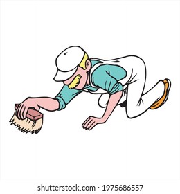 vector of house keeper cleaning floor with brush