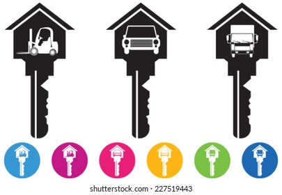 Vector of House and key icons and buttons set in car, truck and Industrial Forklifts. The idea of design related with real estate, builders, contractors, vehicles etc. Keys to achieve.