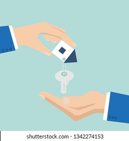 Vector of a house key with small house key ring given from one hand to another on a light blue background 