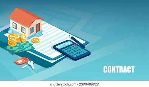 Vector of a house, keys and a contract. Real estate, bank loan and mortgage contract concept