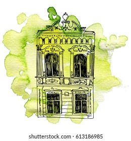 vector house, line drawing mansion at green watercolor background, sketch of building, urban element