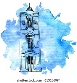 vector house, line drawing mansion at blue watercolor background, sketch of building, urban element