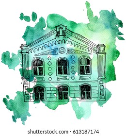 vector house, line drawing mansion at watercolor background, sketch of building, urban element