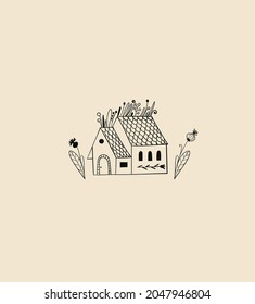 Vector house linear emblem, home icon for logo design. Doodle style city building icon. Tiny country house, cottage with plants - symbol in scandinavian and minimalist style.